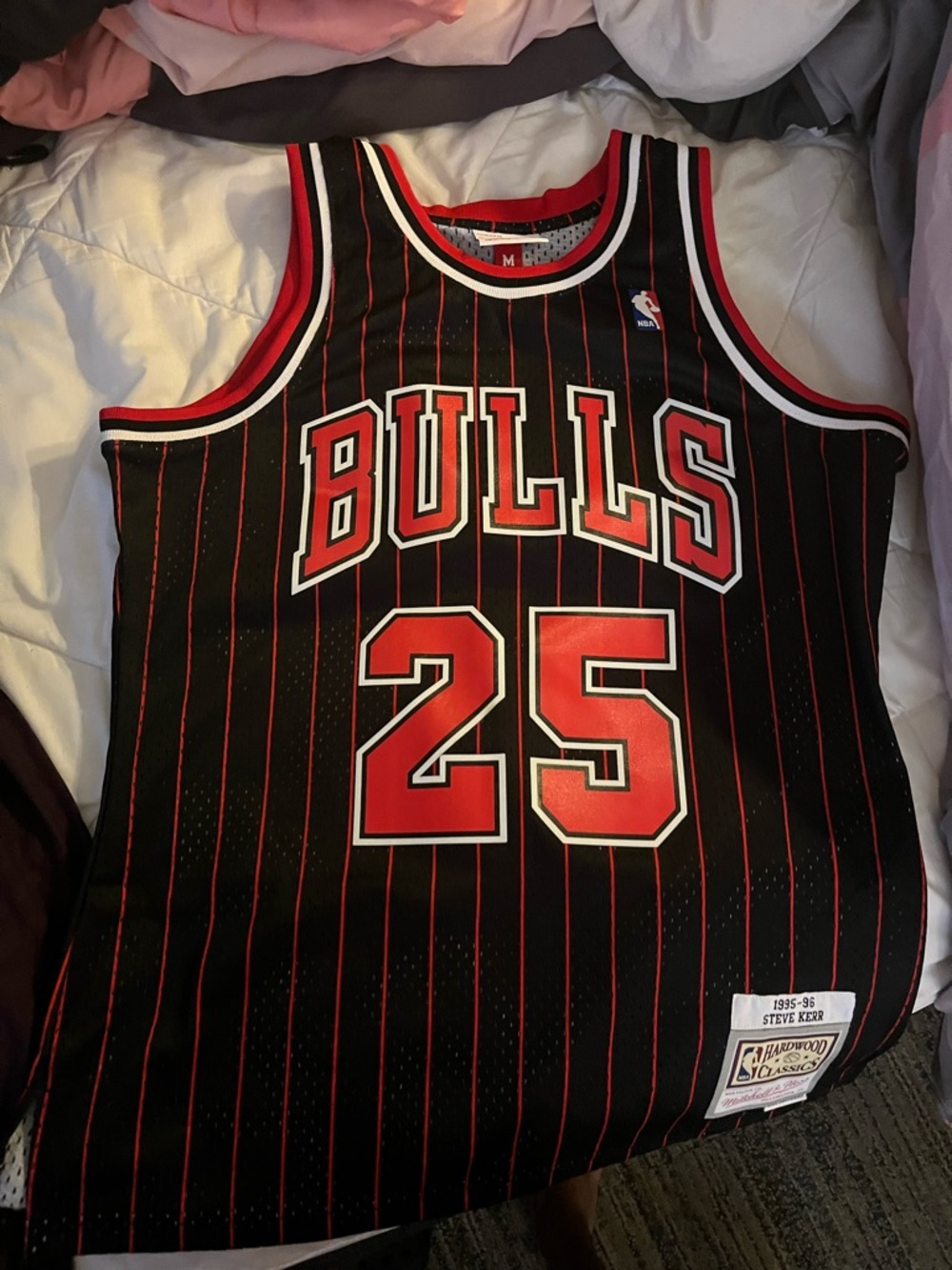 Mitchell & Ness Chicago Bulls Black & Red Pinstripe Jersey #25